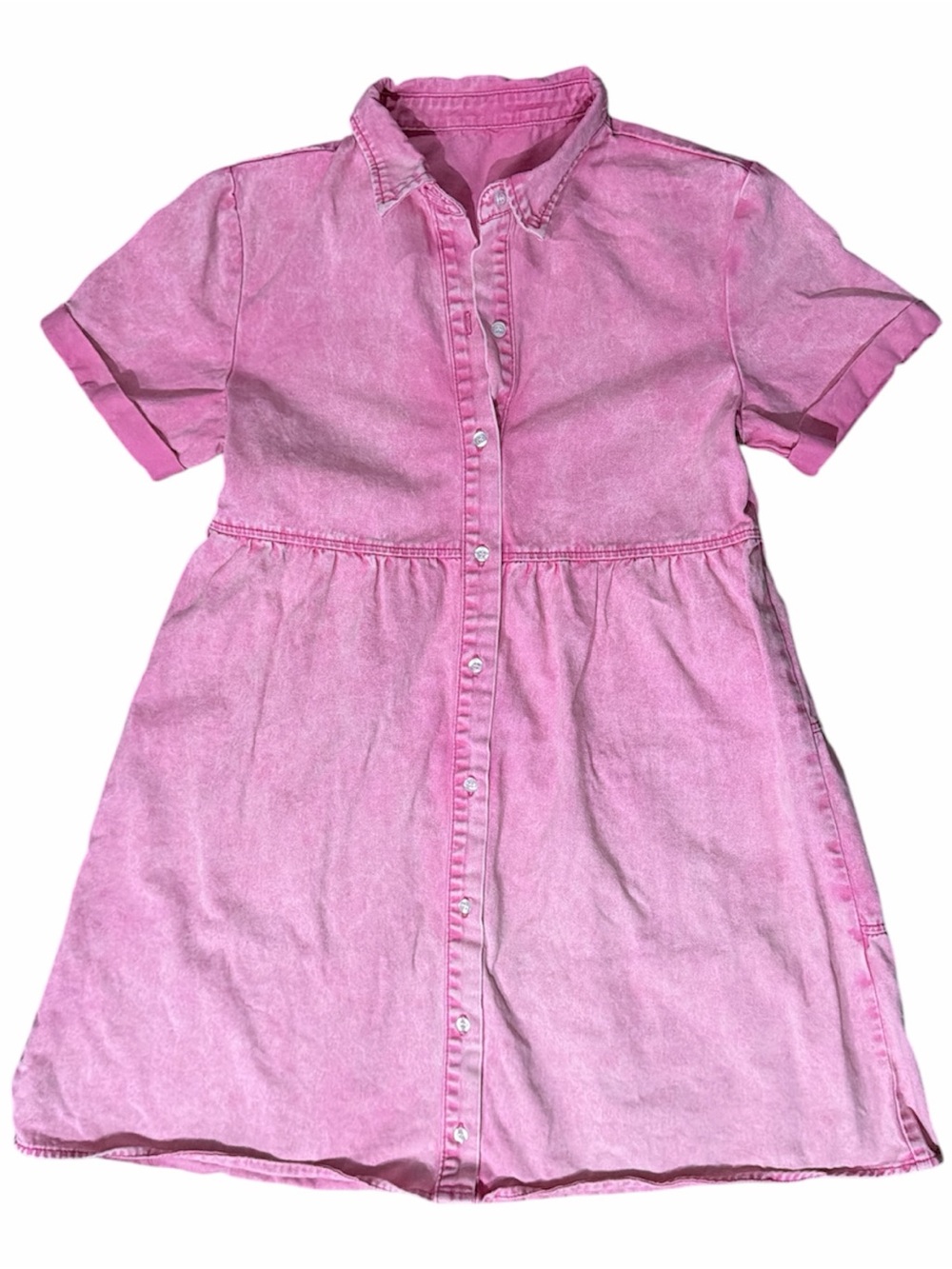 Pink Mineral Wash Denim Button-Front Shirt Dress